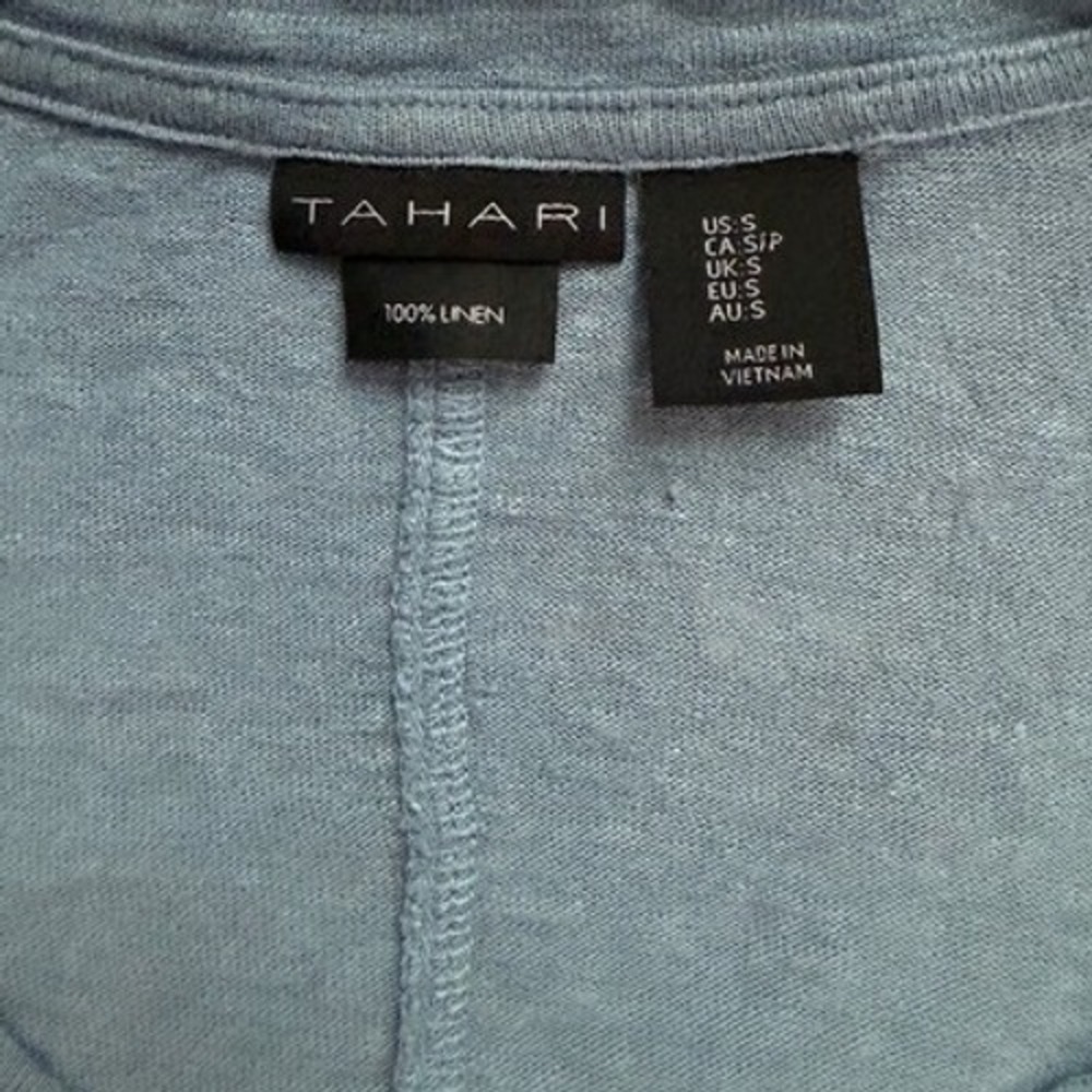 Tahari Dusty Blue 100% Linen V-Neck Short Sleeve Tee S Coastal Quiet Luxury - Picture 6 of 7